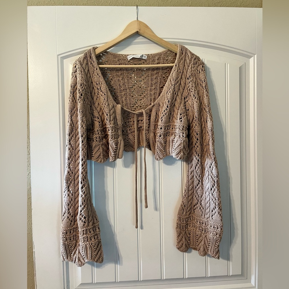 Altar'd State Taupe Crochet Tie-Front Knit Shaw/shrug